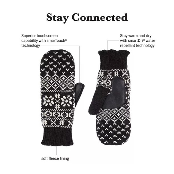 Isotoner Signature Nordic Fair Isle Water Repellent Knit Mittens NWT MSRP $44 BK - Picture 2 of 2